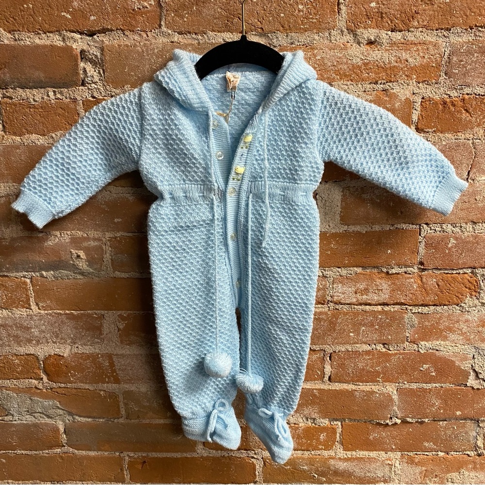 Renro Italy Blue Knit Hooded Sweater Romper Baby Onesie 0-3 Months